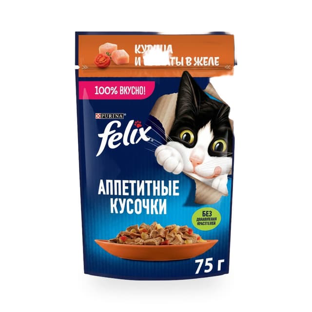 Felix Корм для кошек с курицей и томатами в желе 75г — 351 〒 | Купить с доставкой
