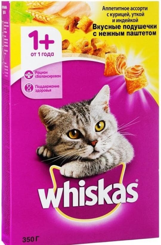 Корм для кошек сухой WHISKAS Подушечки с паштетом Ассорти с курицей, уткой, индейкой 350Г — 1 359 〒 Корм для кошек сухой WHISKAS Подушечки с паштетом Ассорти с курицей, уткой, индейкой 350Г — 1 359 〒 | Купить с доставкой