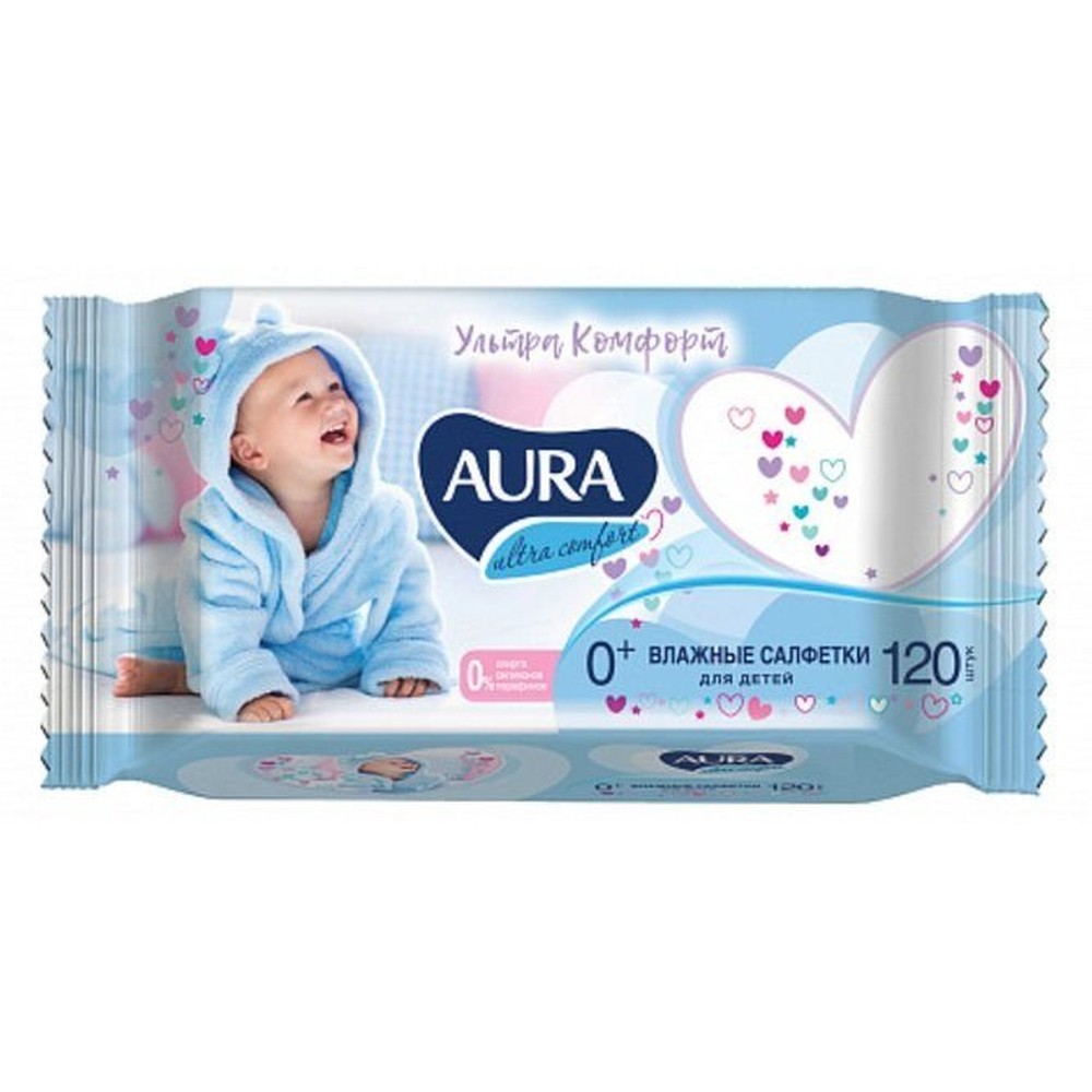 Влажные салфетки Aura для детей Ultra Comfort с экстрактом алоэ и витамином Е, 120шт