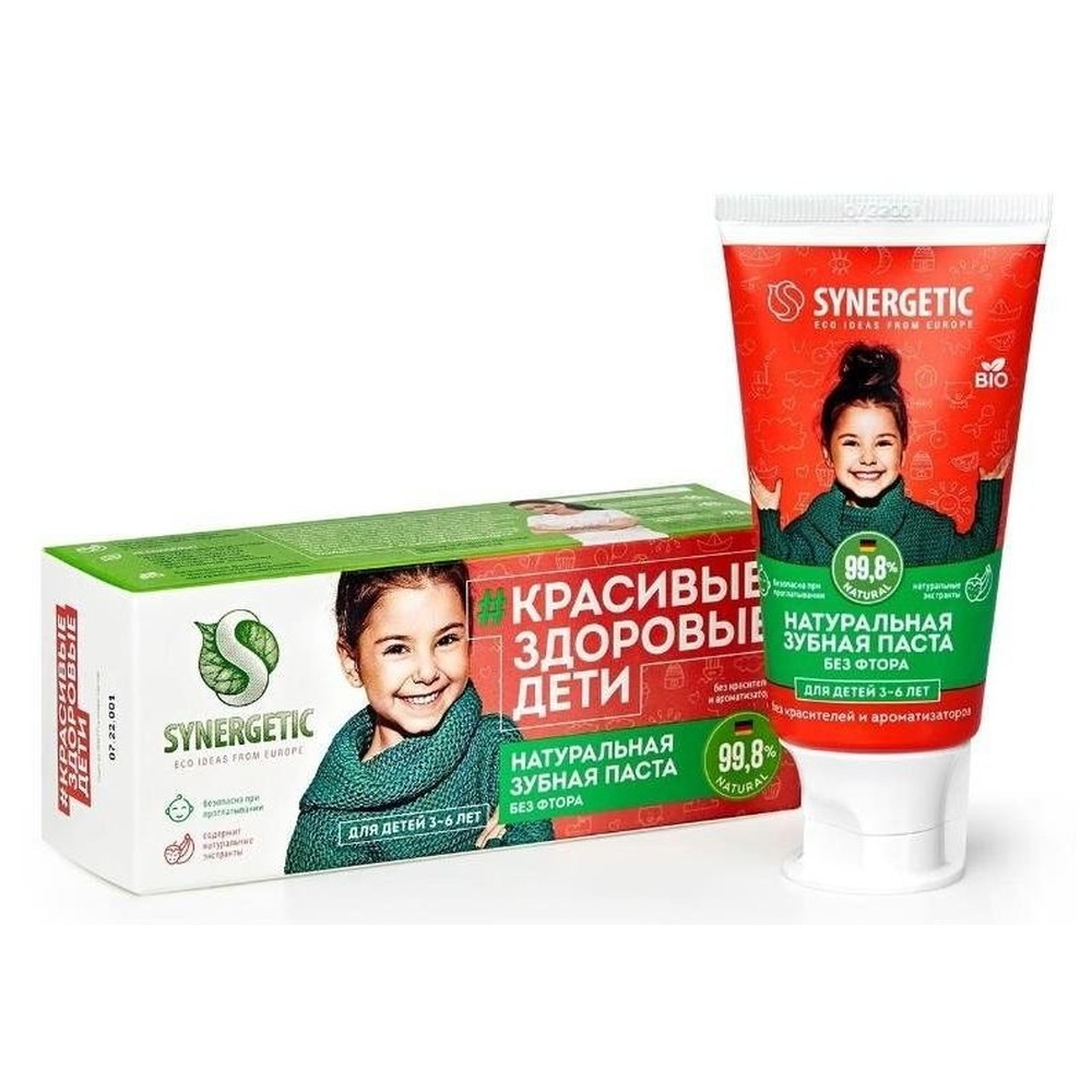 Synergetic|Детская зубная паста  клубничка и банан, от 3 до 6 лет, 50 г