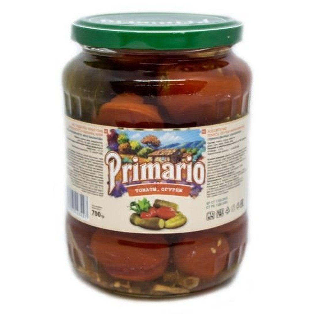 Ассорти овощное Primario огурцы помидоры 720 мл