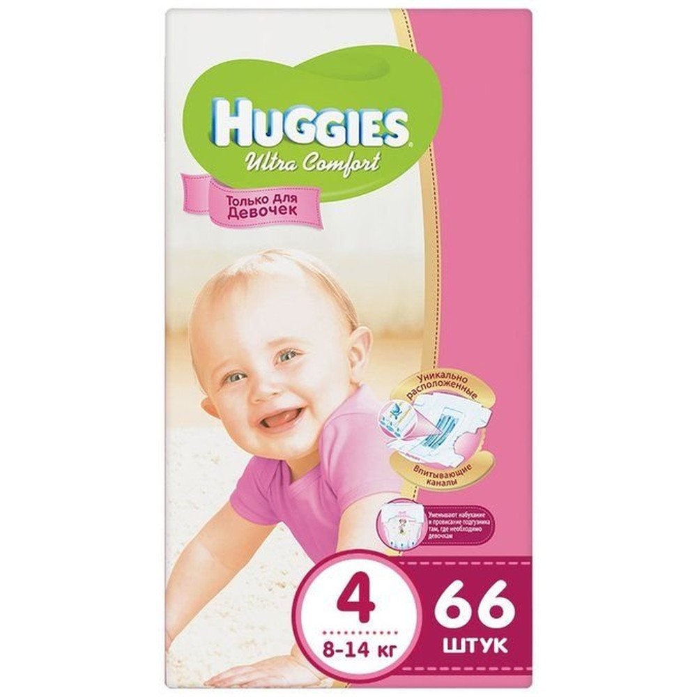 Подгузники для девочек HUGGIES Ultra Comfort, размер 4, 66 штук 